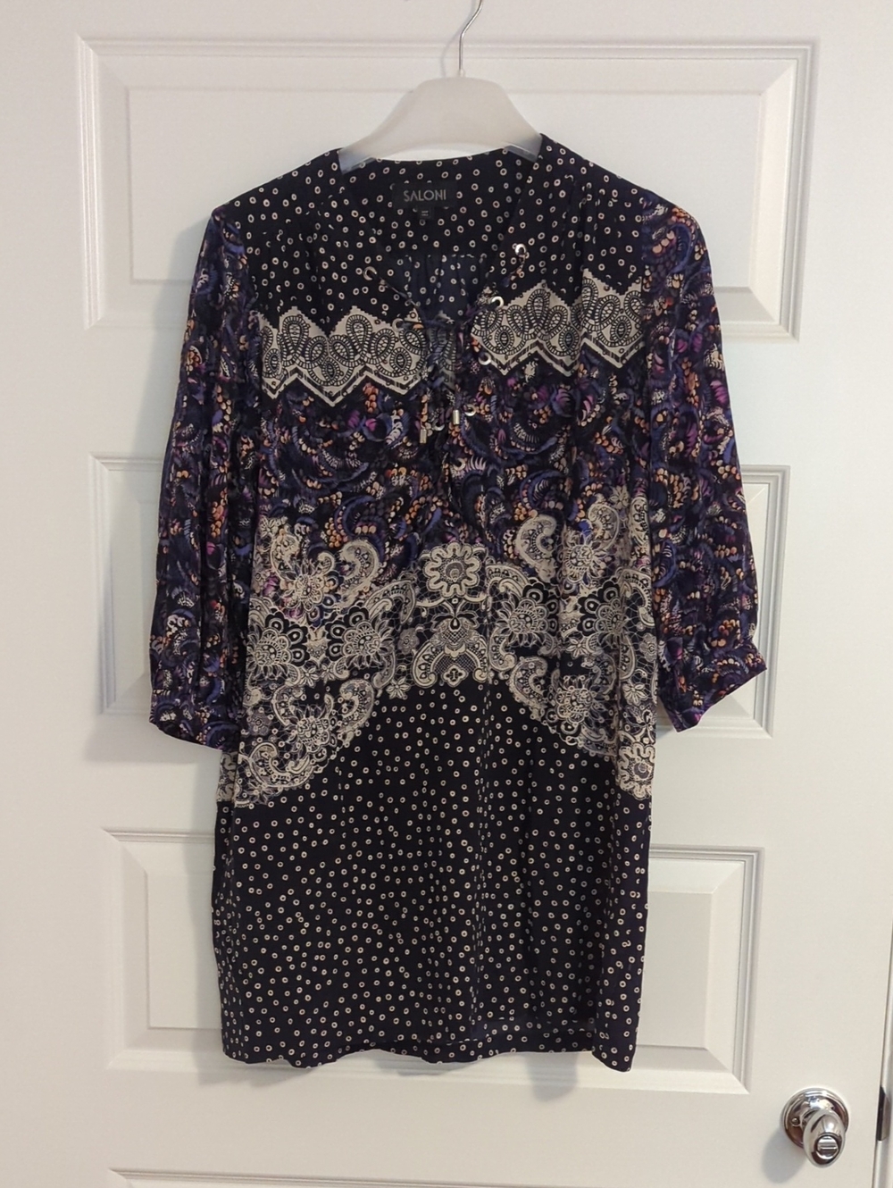 SALONI Navy, cream and purple paisley silk tunic - Size 2